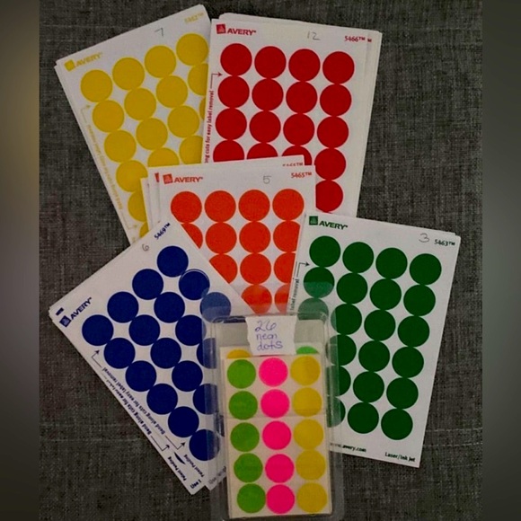 1,182 Assorted Dot Stickers/Round Sticky Labels  (classroom or office) - Picture 1 of 8